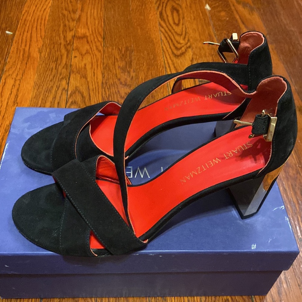 Stuart Weitzman Black Suede Crisscross Block Heel Sandals with Red Insole - Picture 4 of 5